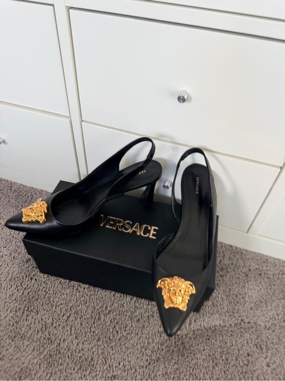 Versace Black Leather Slingback Heels with Gold Medusa Accent